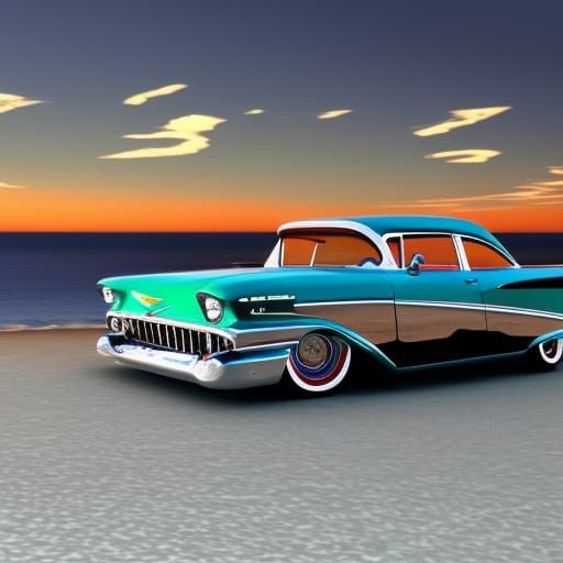 '57 Chevy at Beach Sunset: Detailed Matte Painting