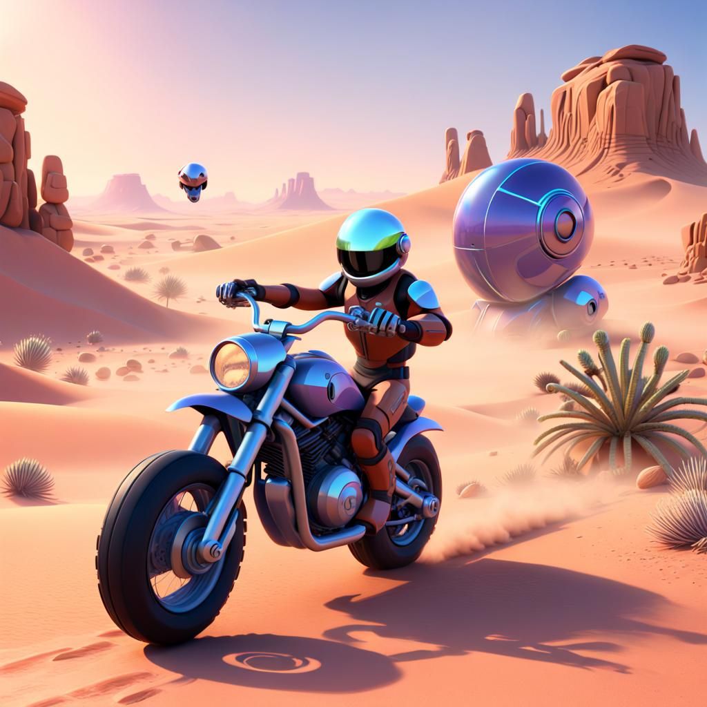 Futuristic Motorbike Racing Across Desert in Pixar Style