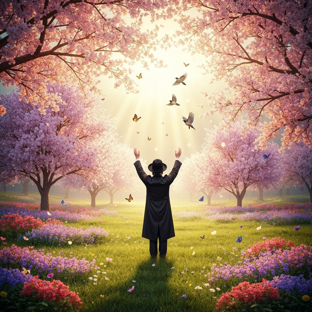 Spring Landscape with Man in Prayer, Golden Hour