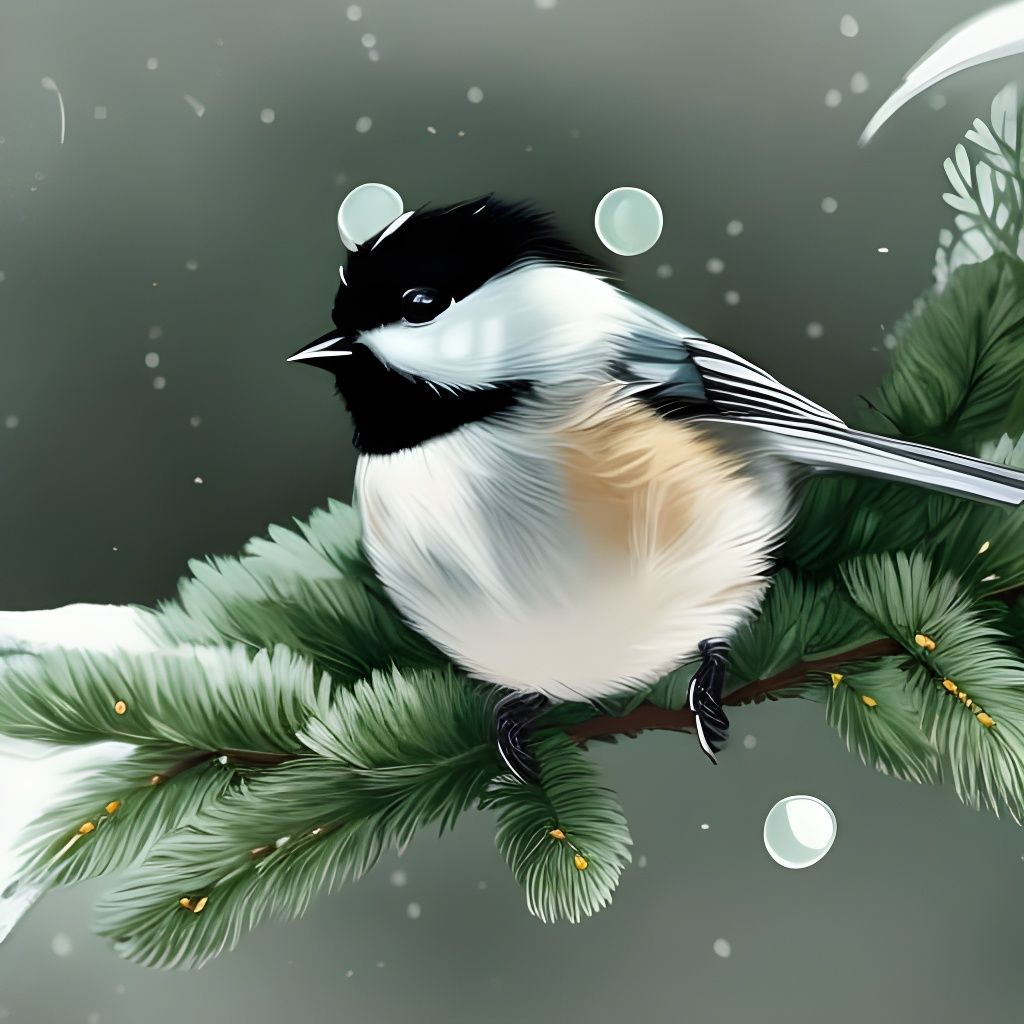 Fluffy Chickadee on Evergreen in Winter Snow