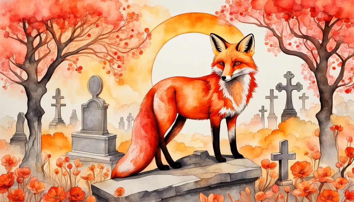Fox in Cemetery: Watercolor Art Nouveau Painting