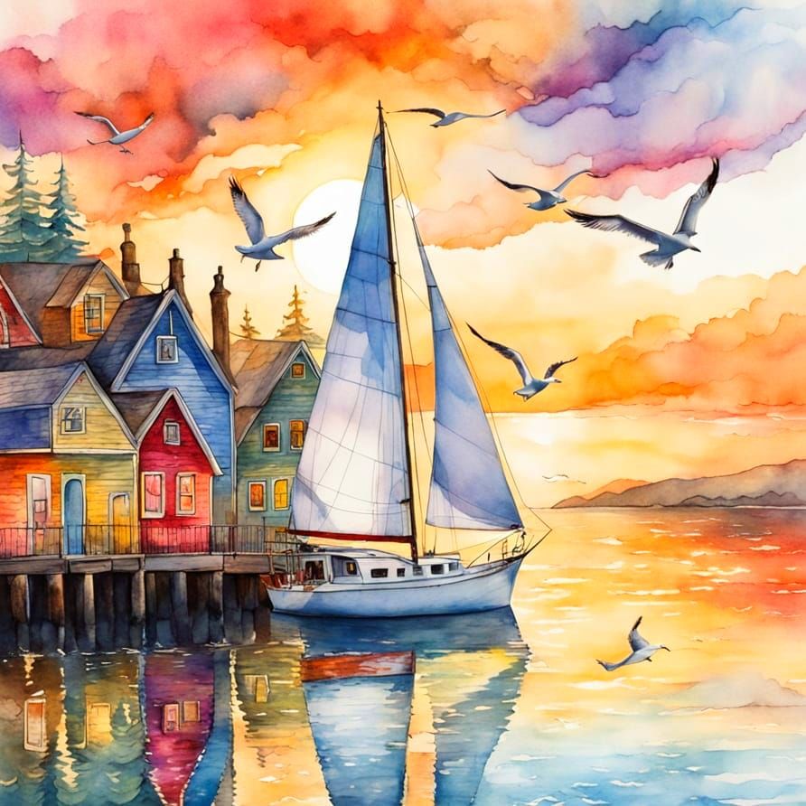 Sailboat at Harbor Town in Watercolor