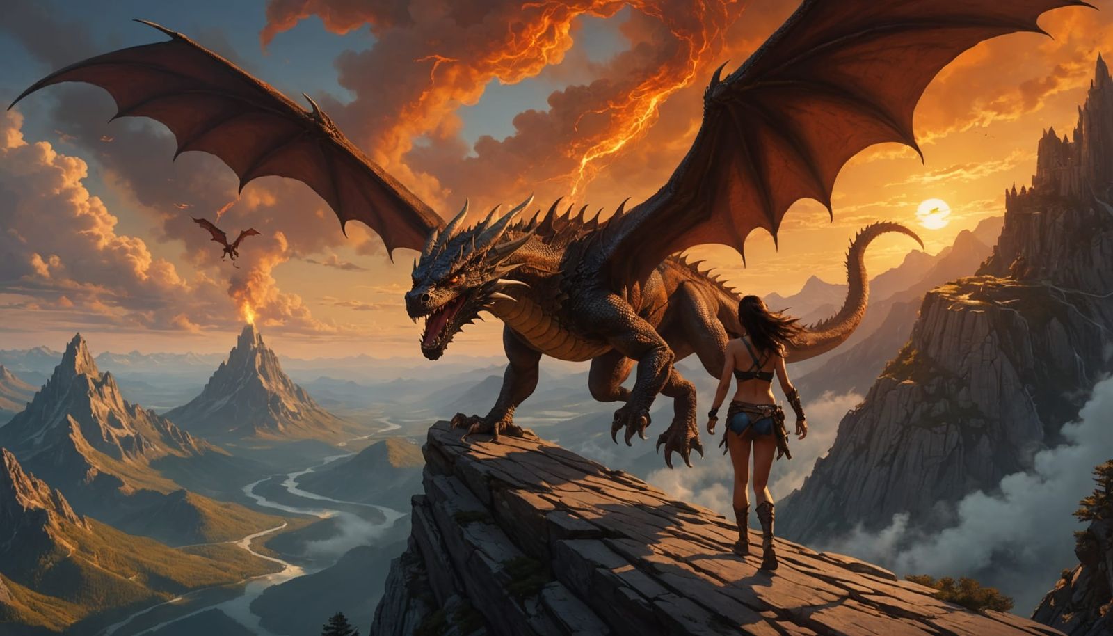 Epic Dragon Battles Maiden in Dark Fantasy Scene