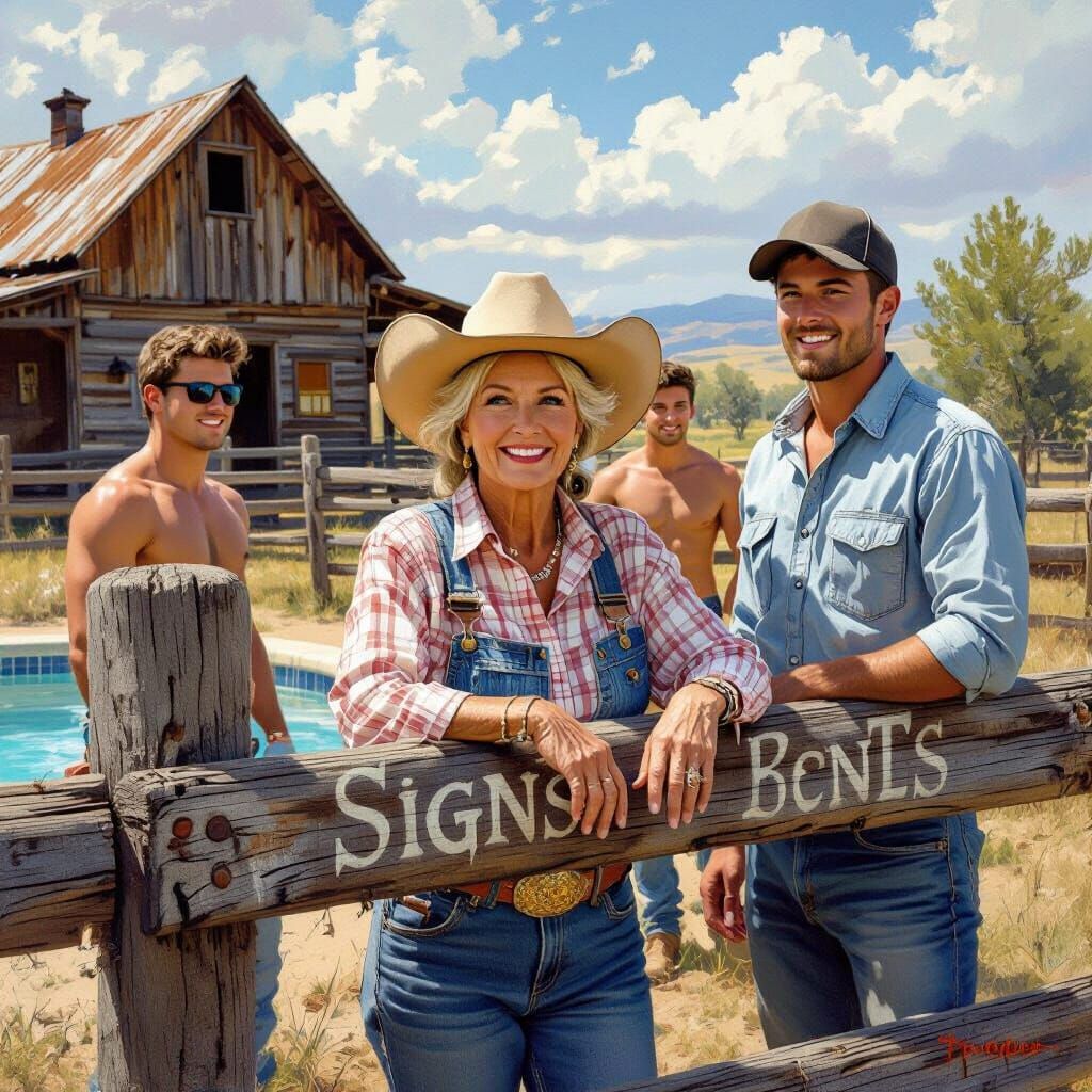 Ranching Woman Surrounded by Handsome Young Men
