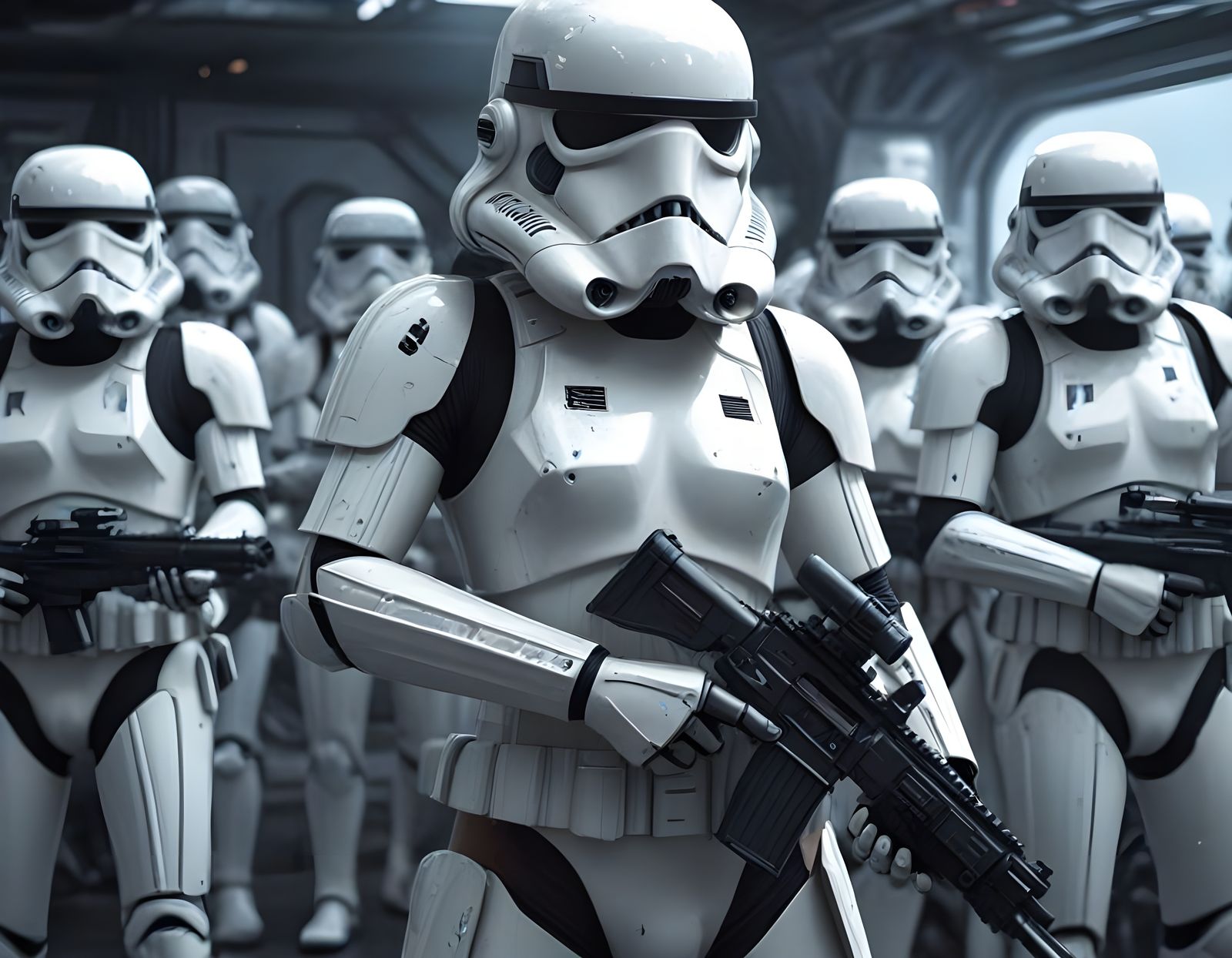 Female Stormtrooper in Sci-Fi Scene with Allies