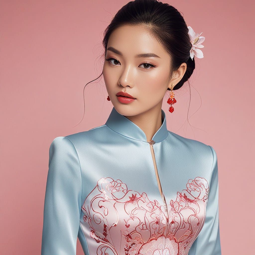 Elegant Asian Vogue-Inspired Portrait with Cheongsam and Sta...