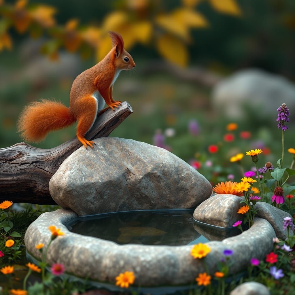 Red Squirrel and Badger on Weathered Tree Trunk Amidst Autum...