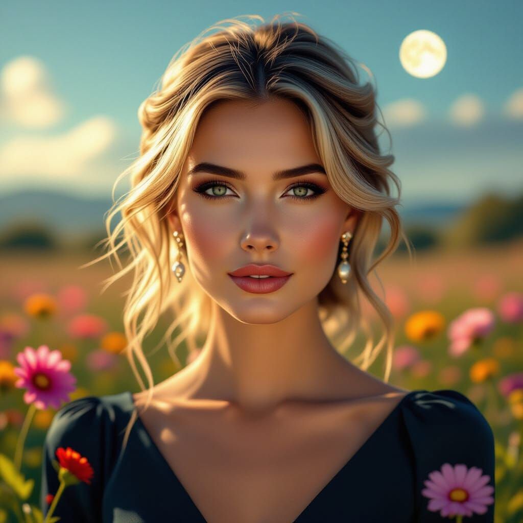 Blond Woman in Dual Landscape, Hyperrealistic Splash Art