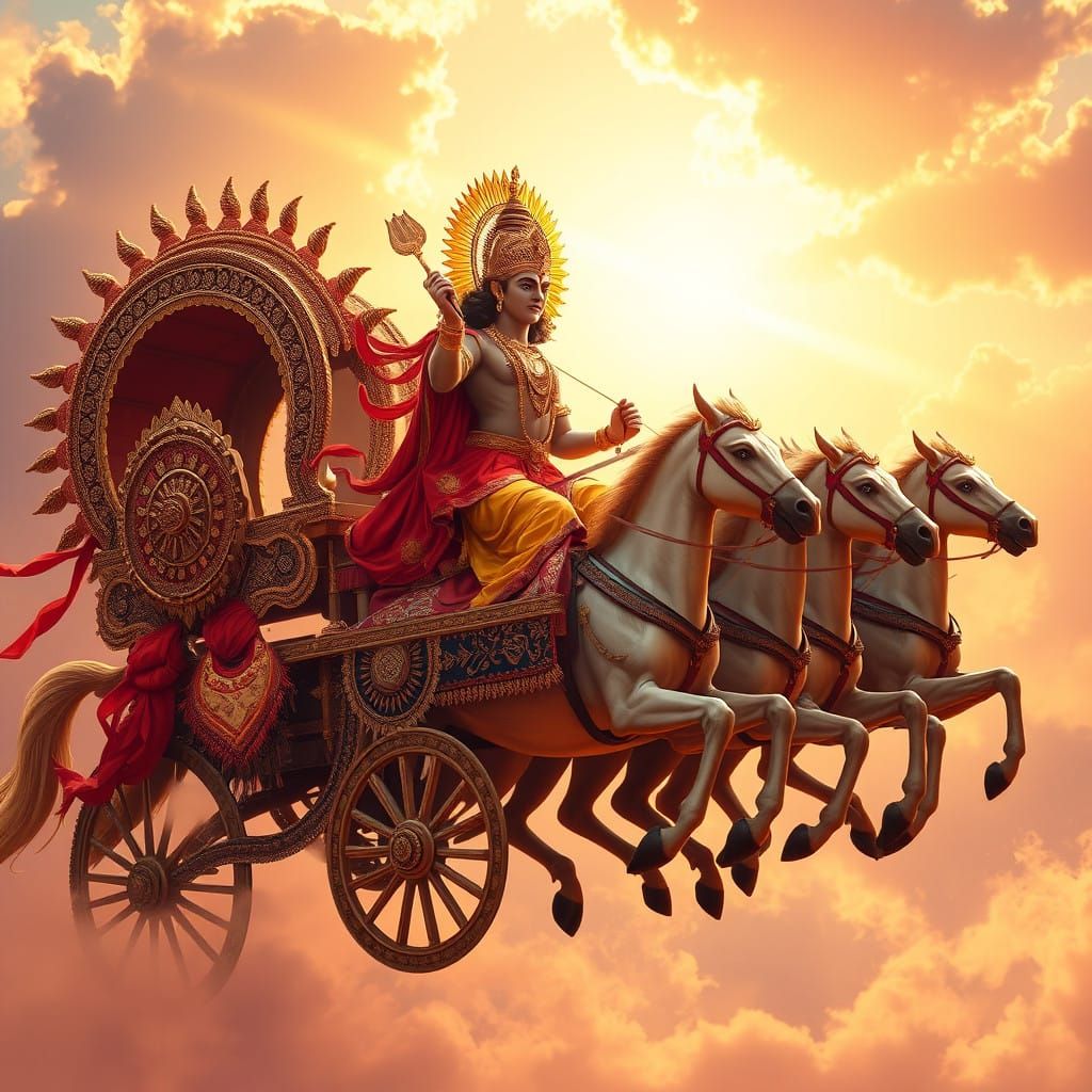 Majestic Surya Rides Seven-Horse Chariot Across Vibrant Sky