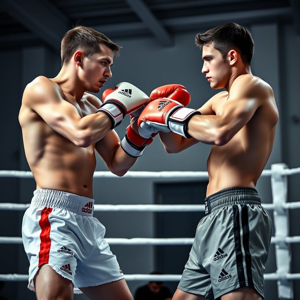 Intense Boxing Match in Ripped Adidas Shorts