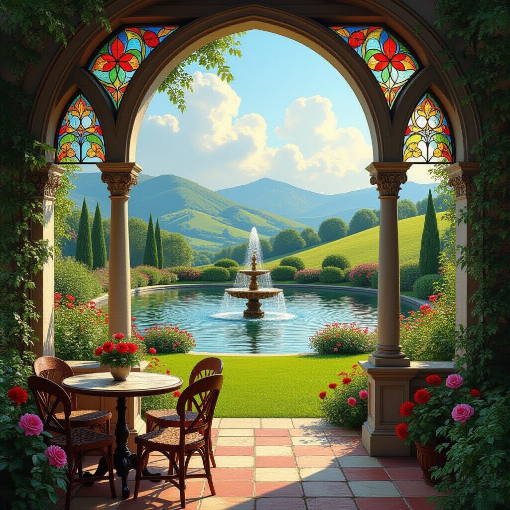 Enchanted Medieval Garden with Stained Glass Archway