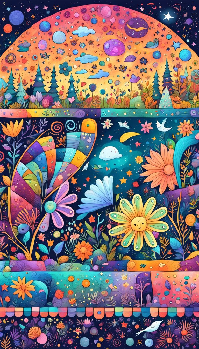 Chaotic Doodle Meadow: Holographic Mandala by Amaringo