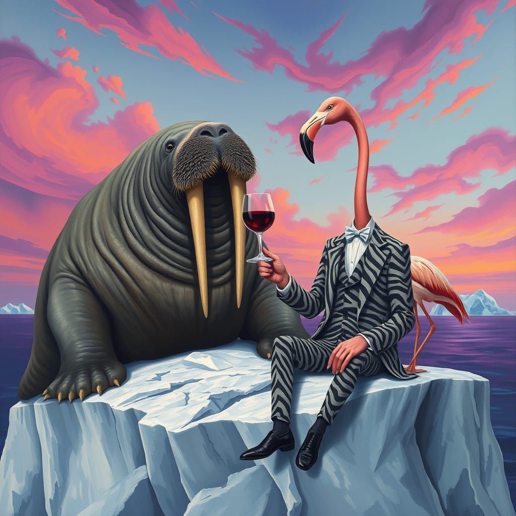 Walrus and Flamingo Enjoy Wine on a Dreamlike Iceberg Landsc...