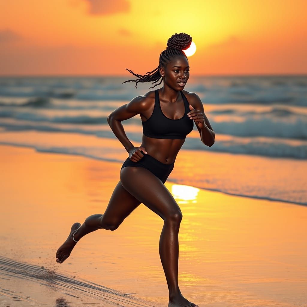 Empowered Black Athlete Runs on Sunset Beach