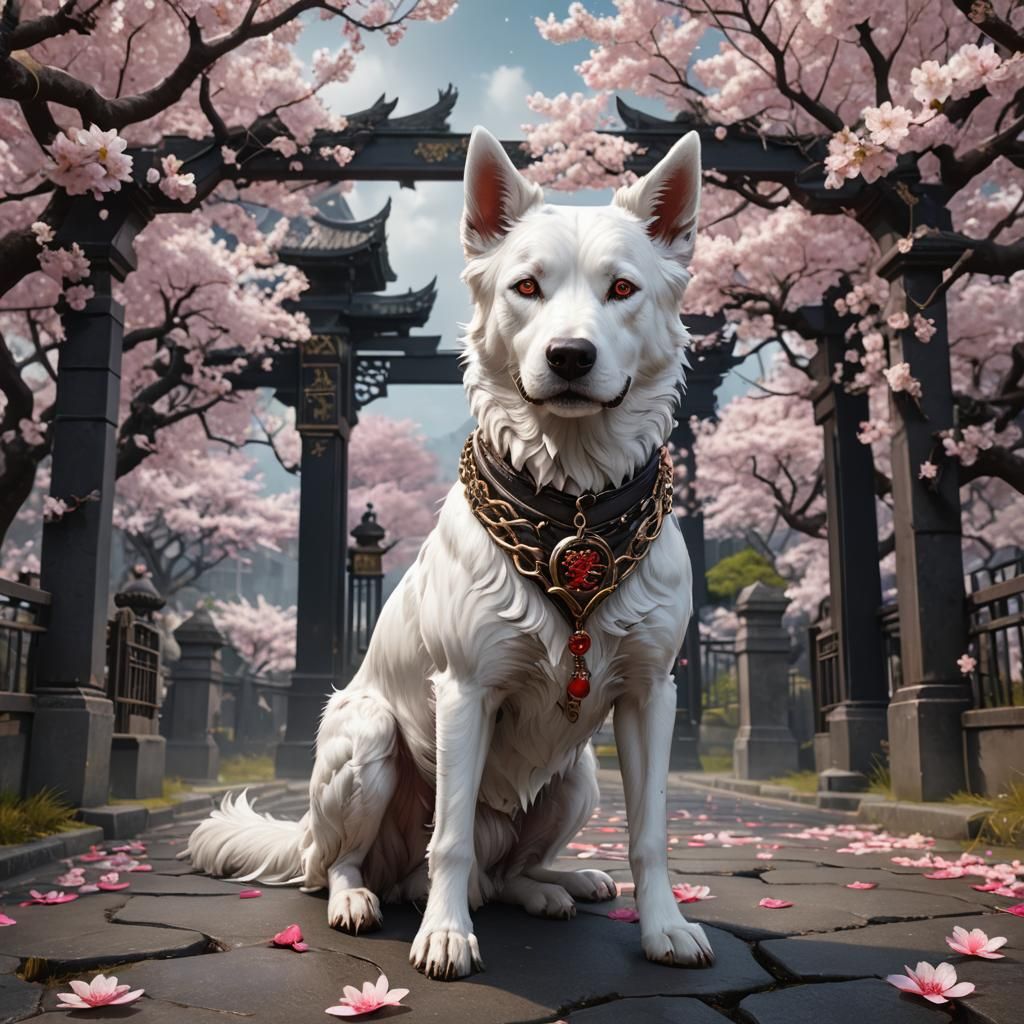 Cerberus with Sakura Tree and Hell Gates