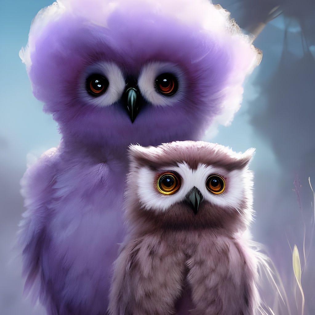 Purple Owls Portrait in Digital Art Style