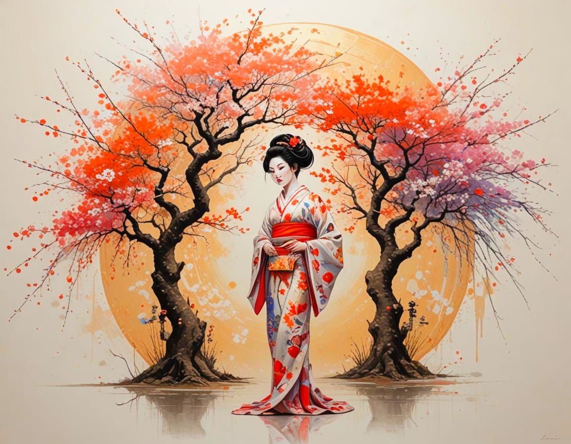 Geisha Under Cherry Blossoms at Sunset Abstract Style