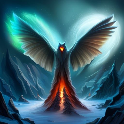 Hyperrealistic Mothman in Forest of Fire and Ice