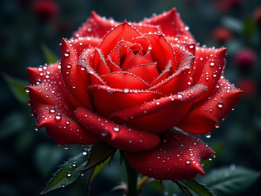 Hyperrealistic Red Rose with Intricate Dew Drops