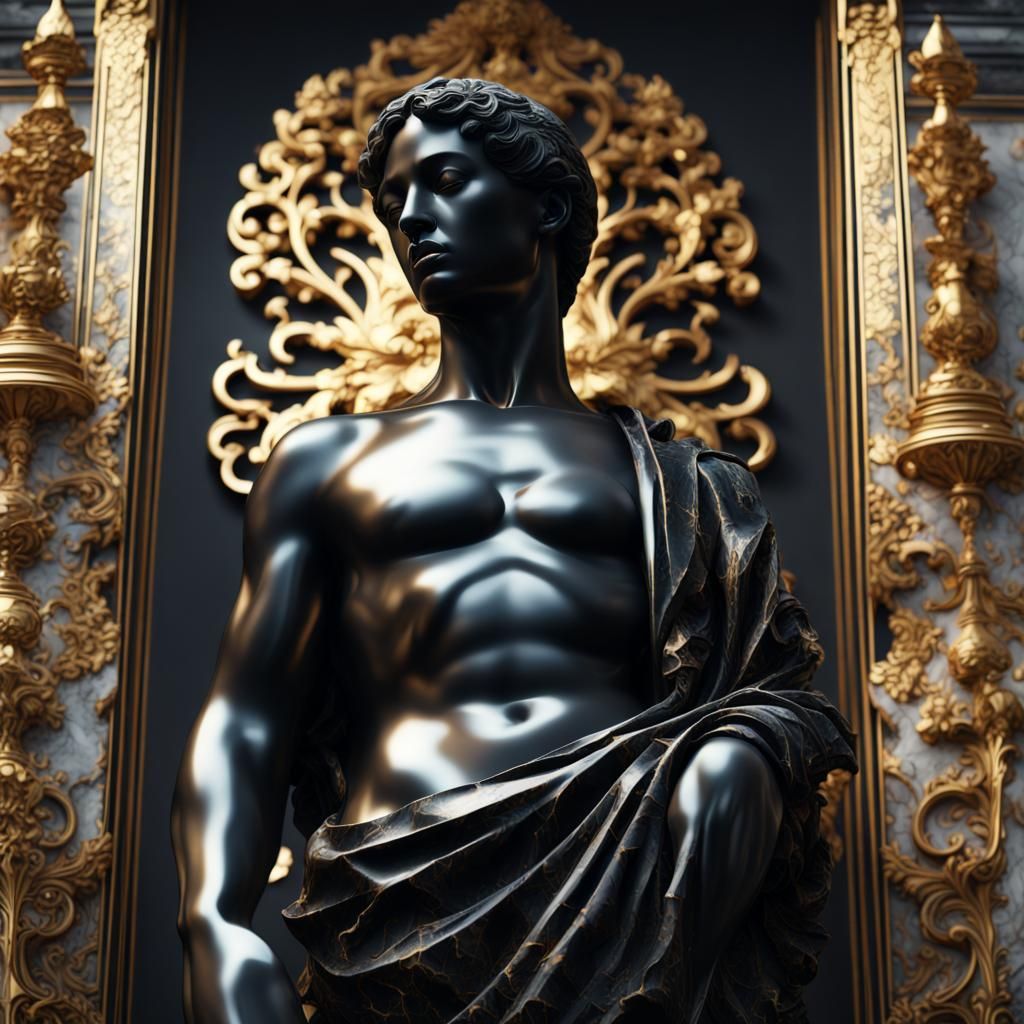 Dramatic Black Marble Statue with Gold Cracks