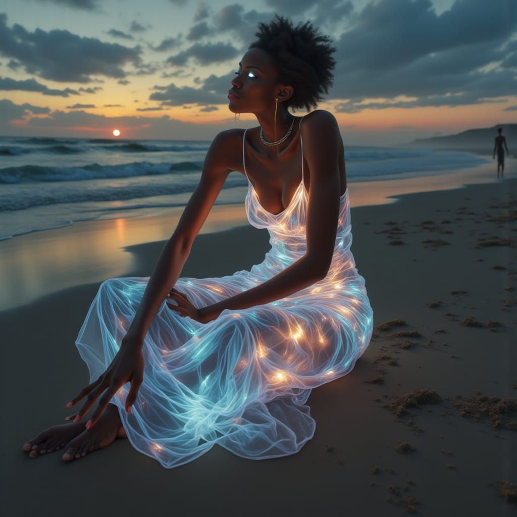 Glowing Woman on Beach in Translucent Dress