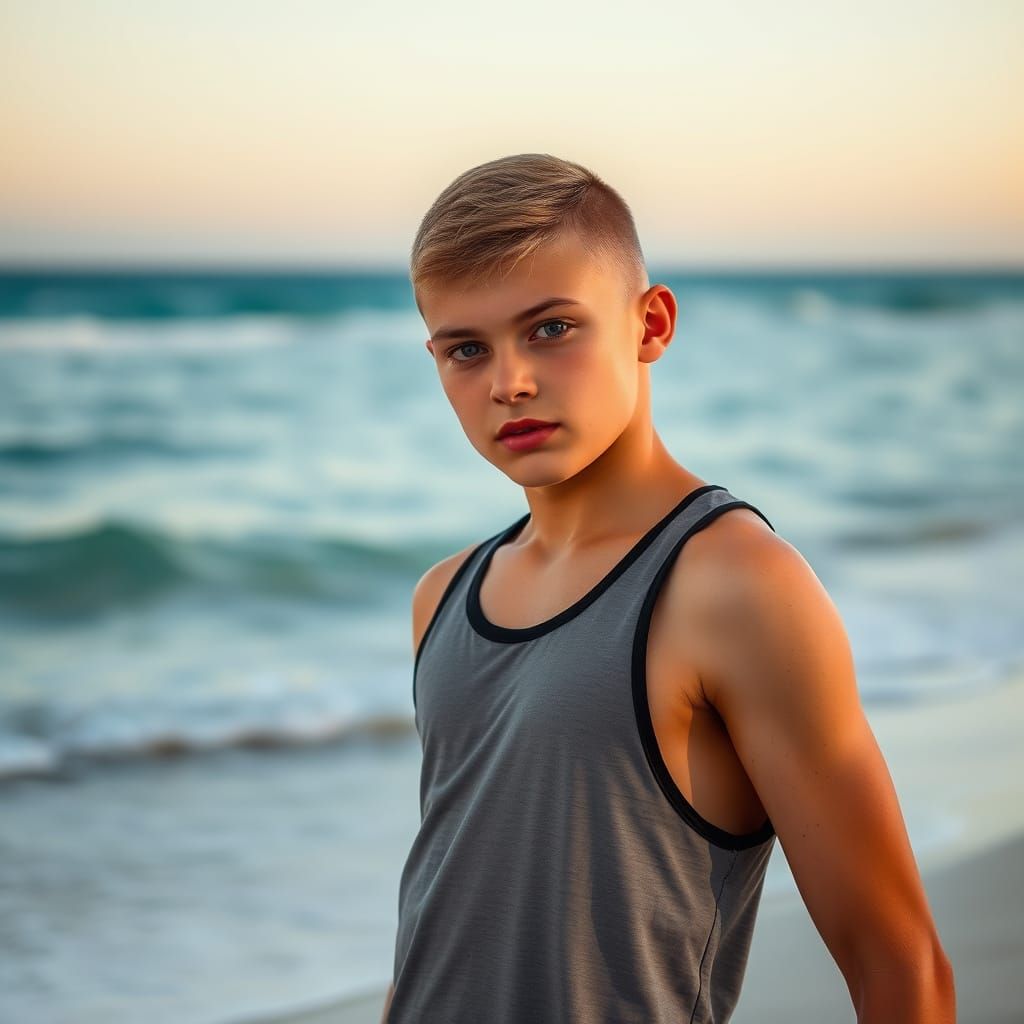 Confident Teen Model Struts on Beach in Bold Tank Top