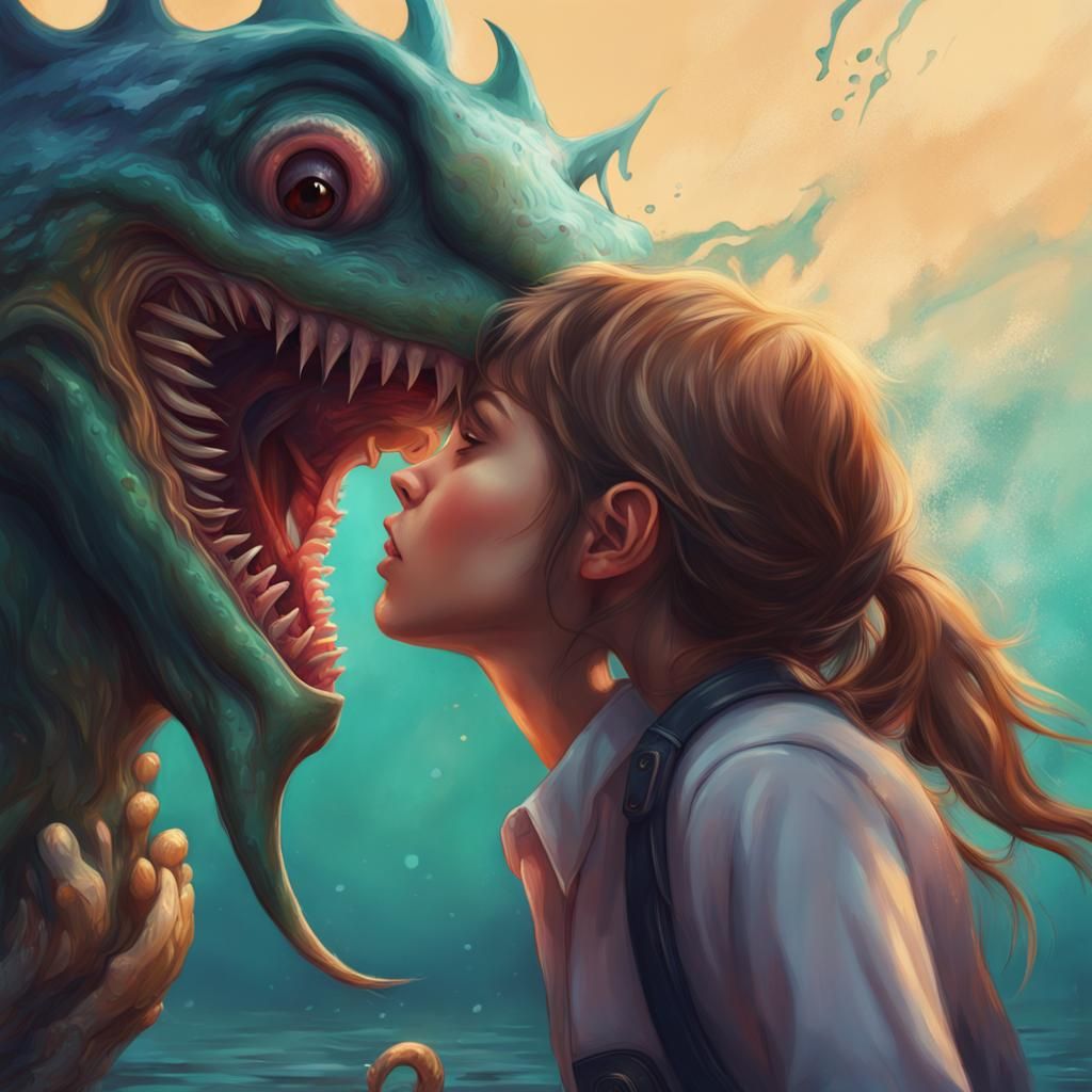 Sea Monster's Kiss: Hyperrealistic Splash Art Portrait