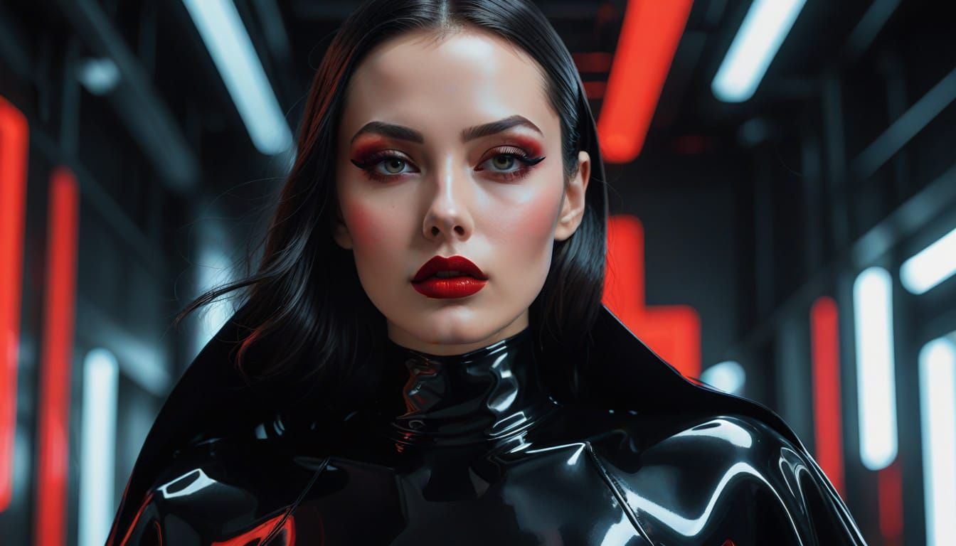 Glossy Latex Goddess in High-Fashion Cape