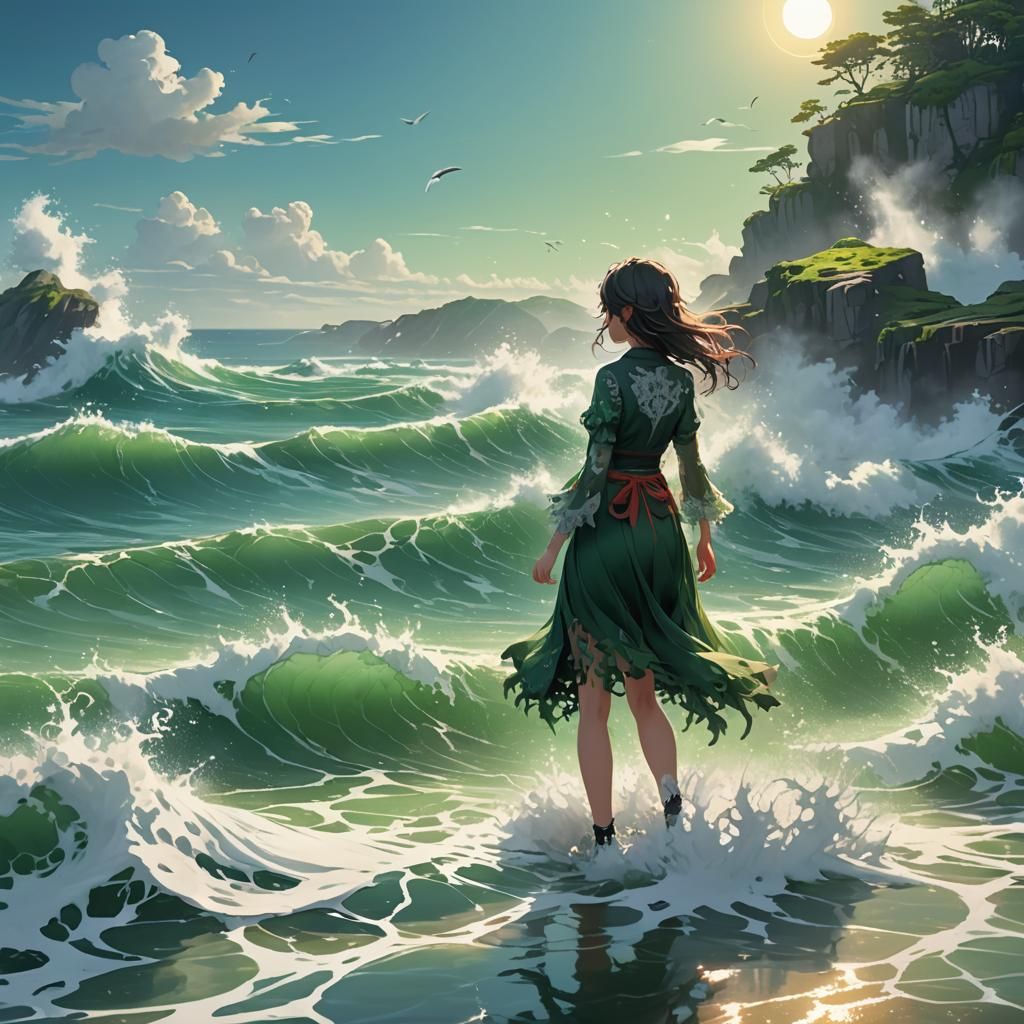 Seaside Anime Art with Crashing Waves and Sunlight