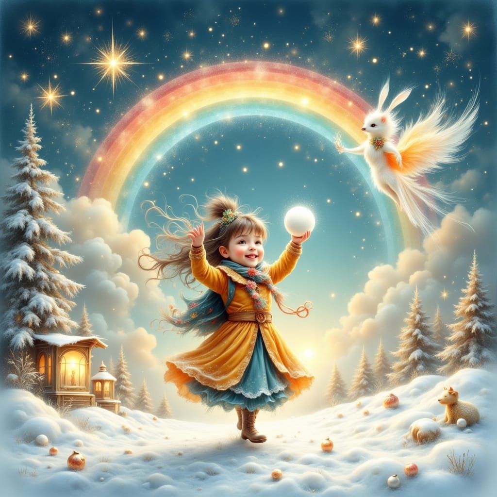 Joyful Girl Plays in Snowy Winter Wonderland