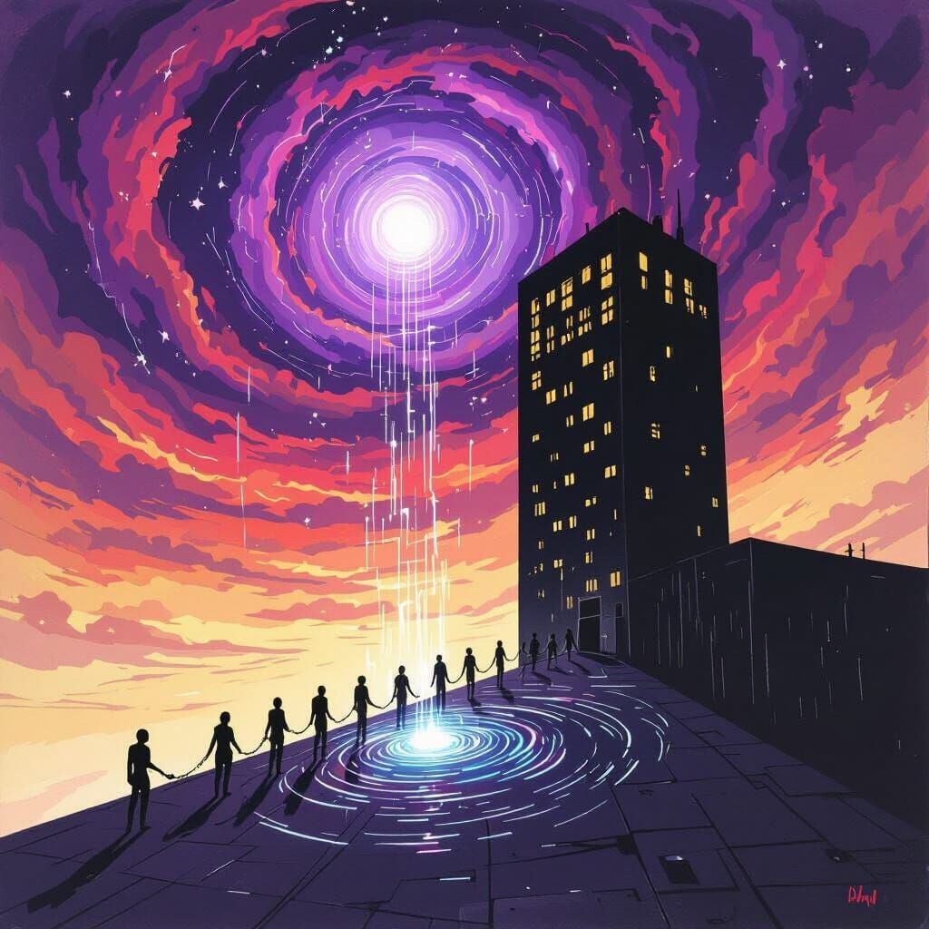 Surreal Rooftop Scene of Handcuffed Figures Falling to Hope