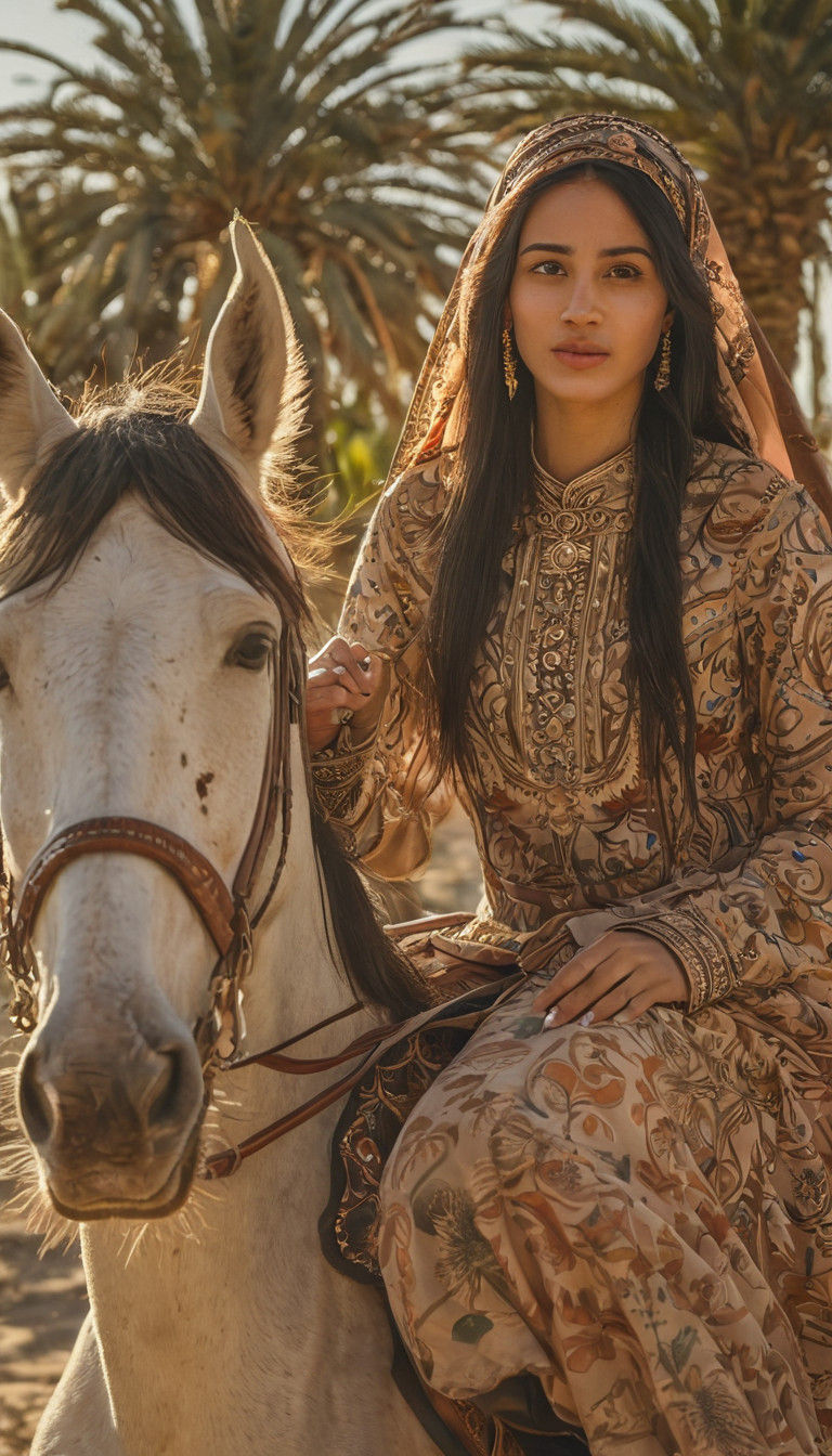 Arab Girl Rides into Desert Oasis