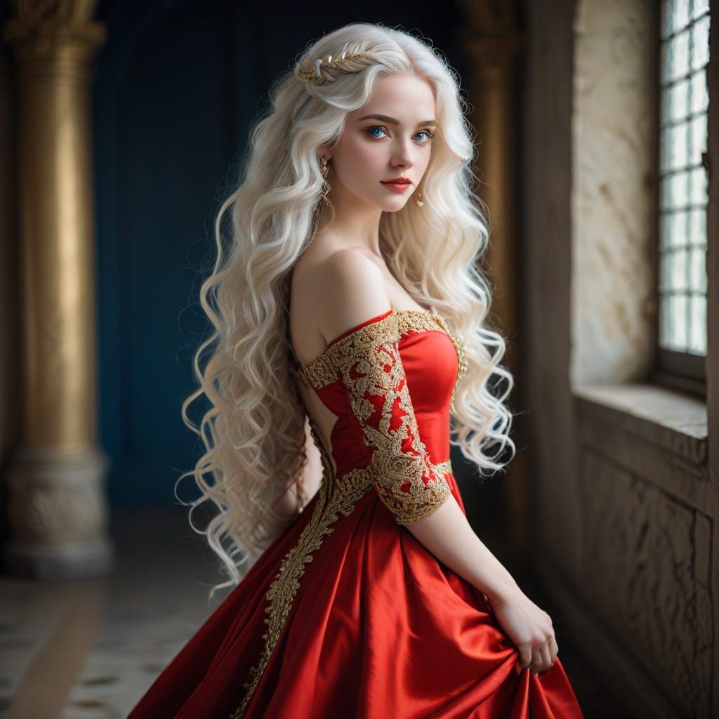 Beautiful Noble Woman with White Hair in Red and Gold