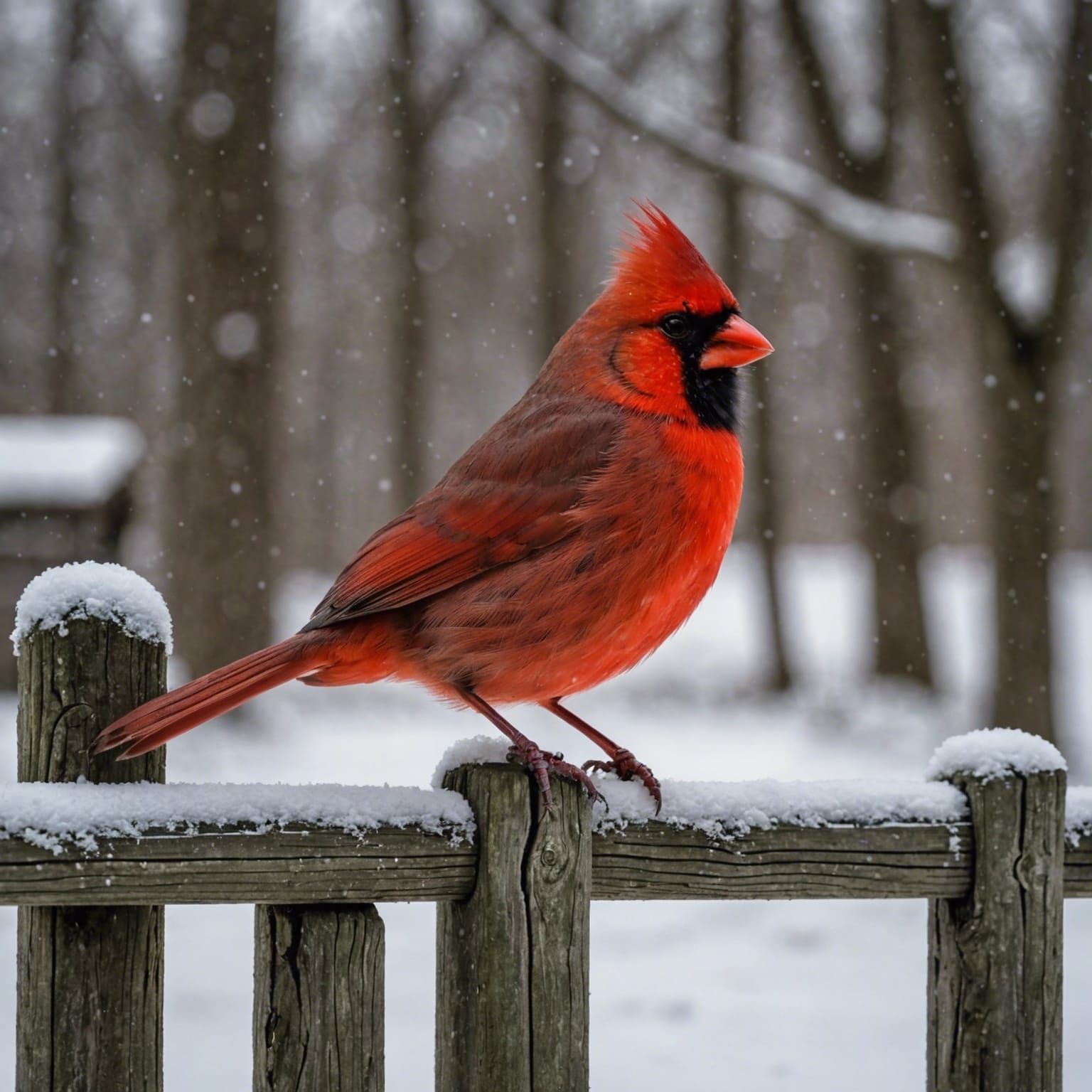 Red Cardinal on Snowy Fence Post in HDR