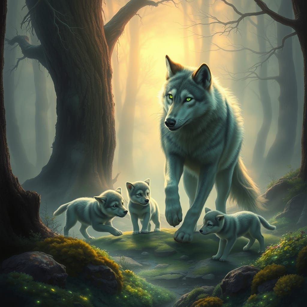 Wolf Guardian Playing with Pups in Misty Forest