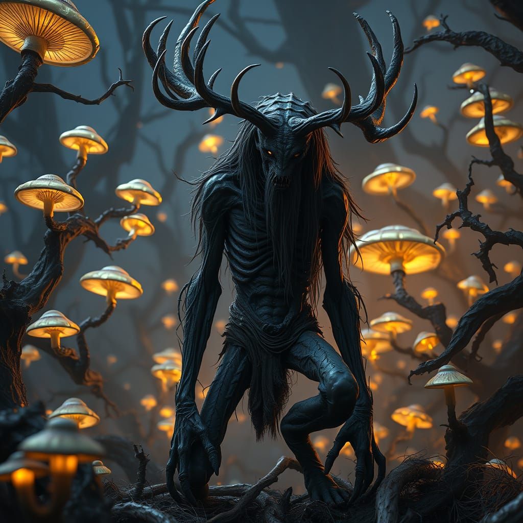 Twisted Wendigo in Dark, Surreal Landscape