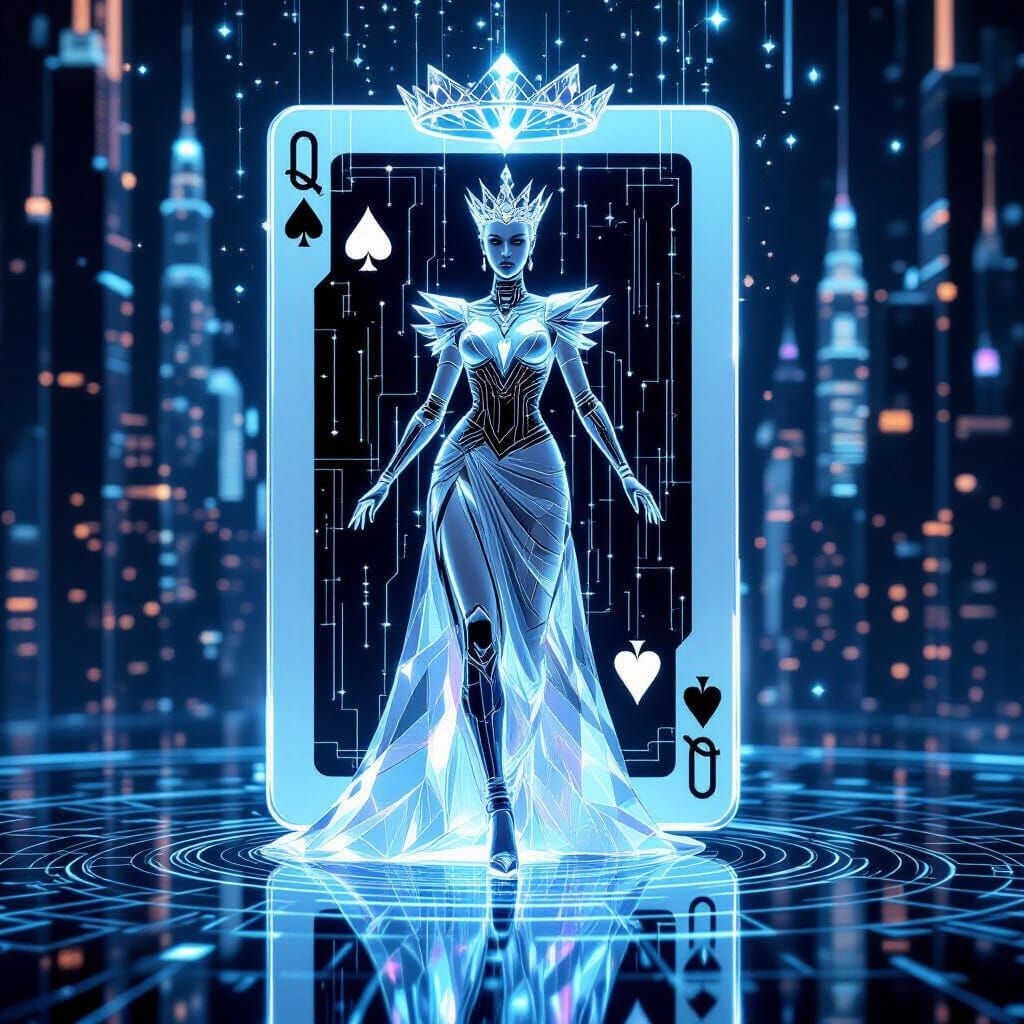 Cyberpunk Queen of Spades Emerges From Holographic Card