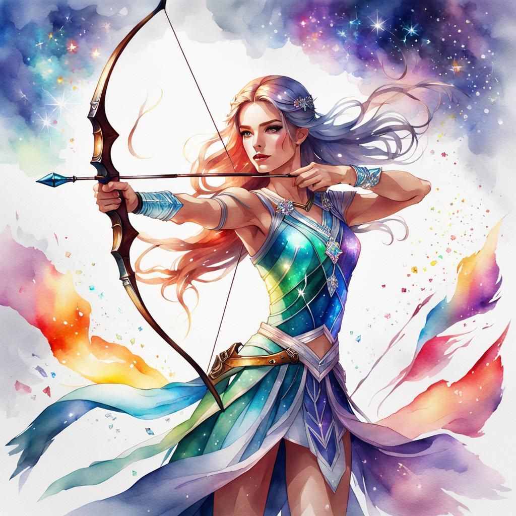 Crystal Archer with Crystal Bow in Watercolor Style