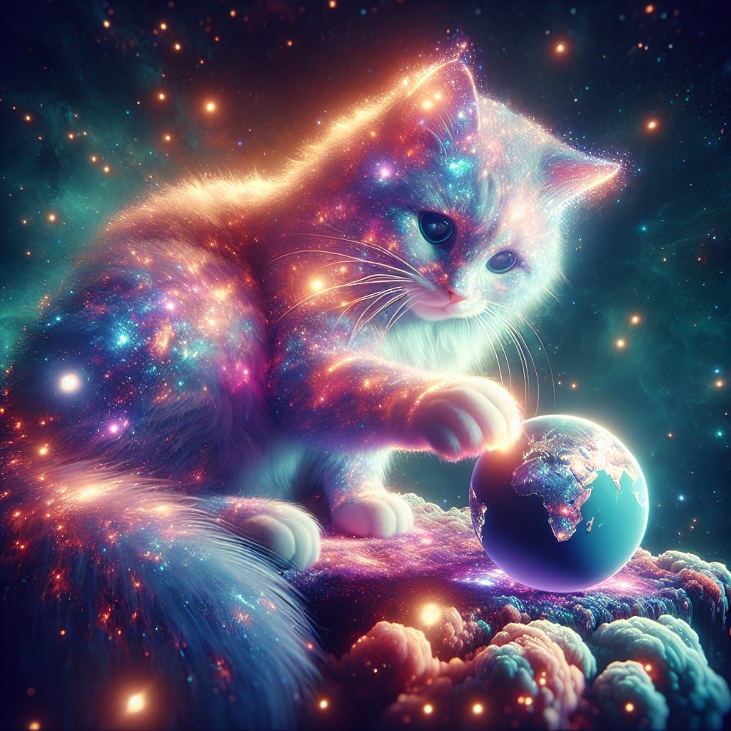 Celestial Cat Plays with Earth in Space