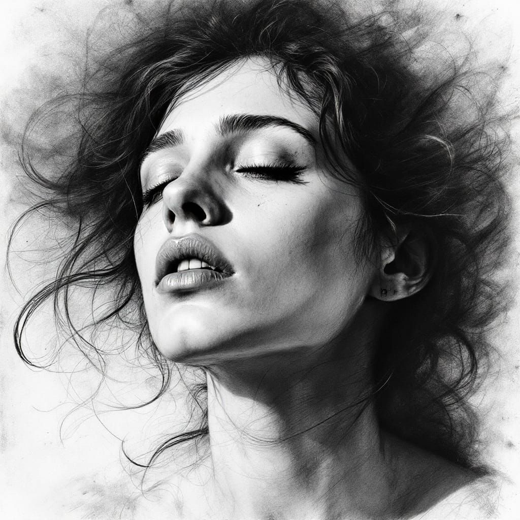 Hyperdetailed Charcoal Portrait of a Contemplative Woman