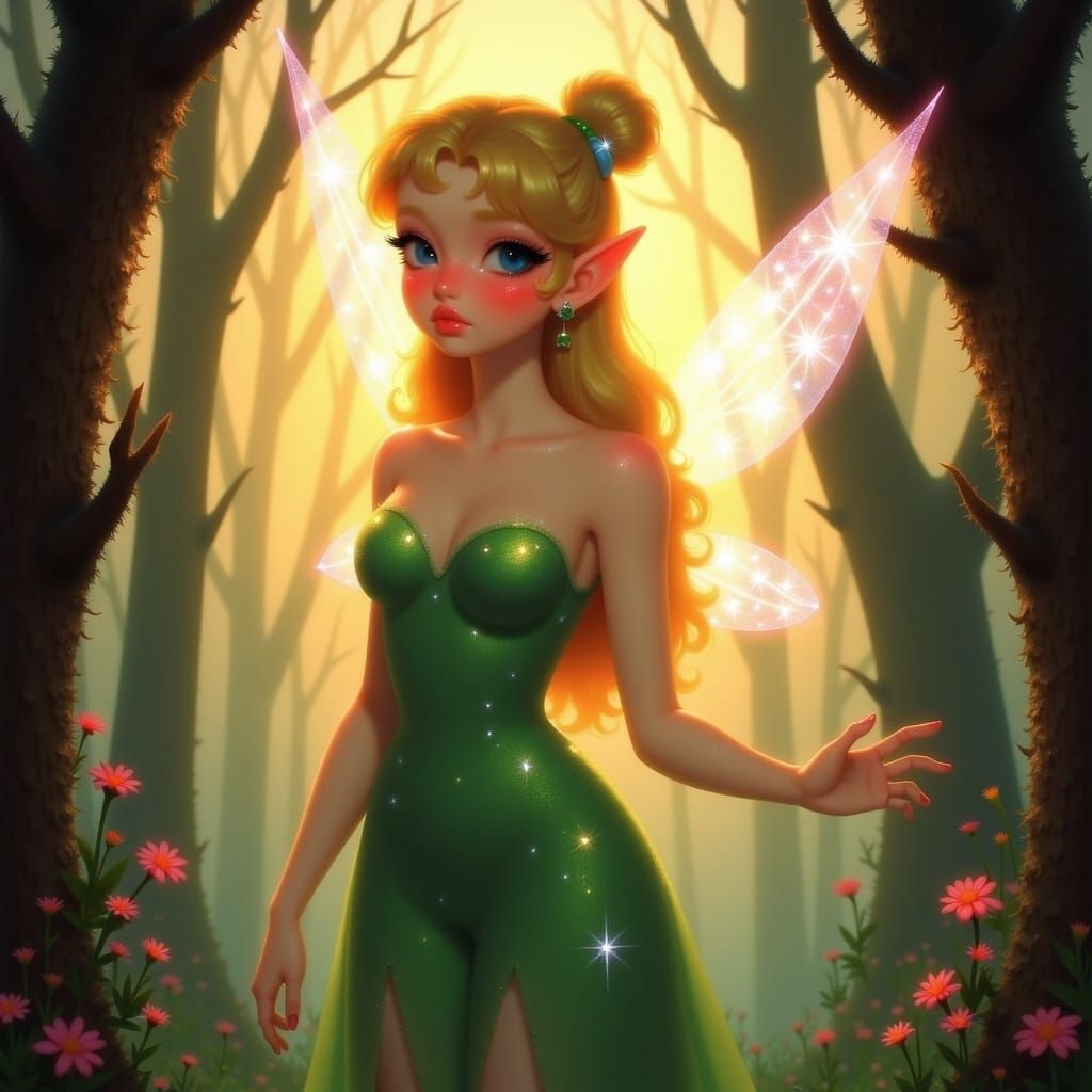 Pixie Tinkerbell with Big Blue Eyes in Mystical Forest