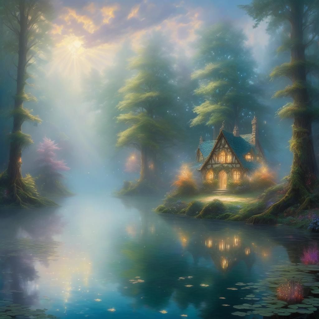 Ethereal Lake Reflects Magical Forest in Fantasy Style