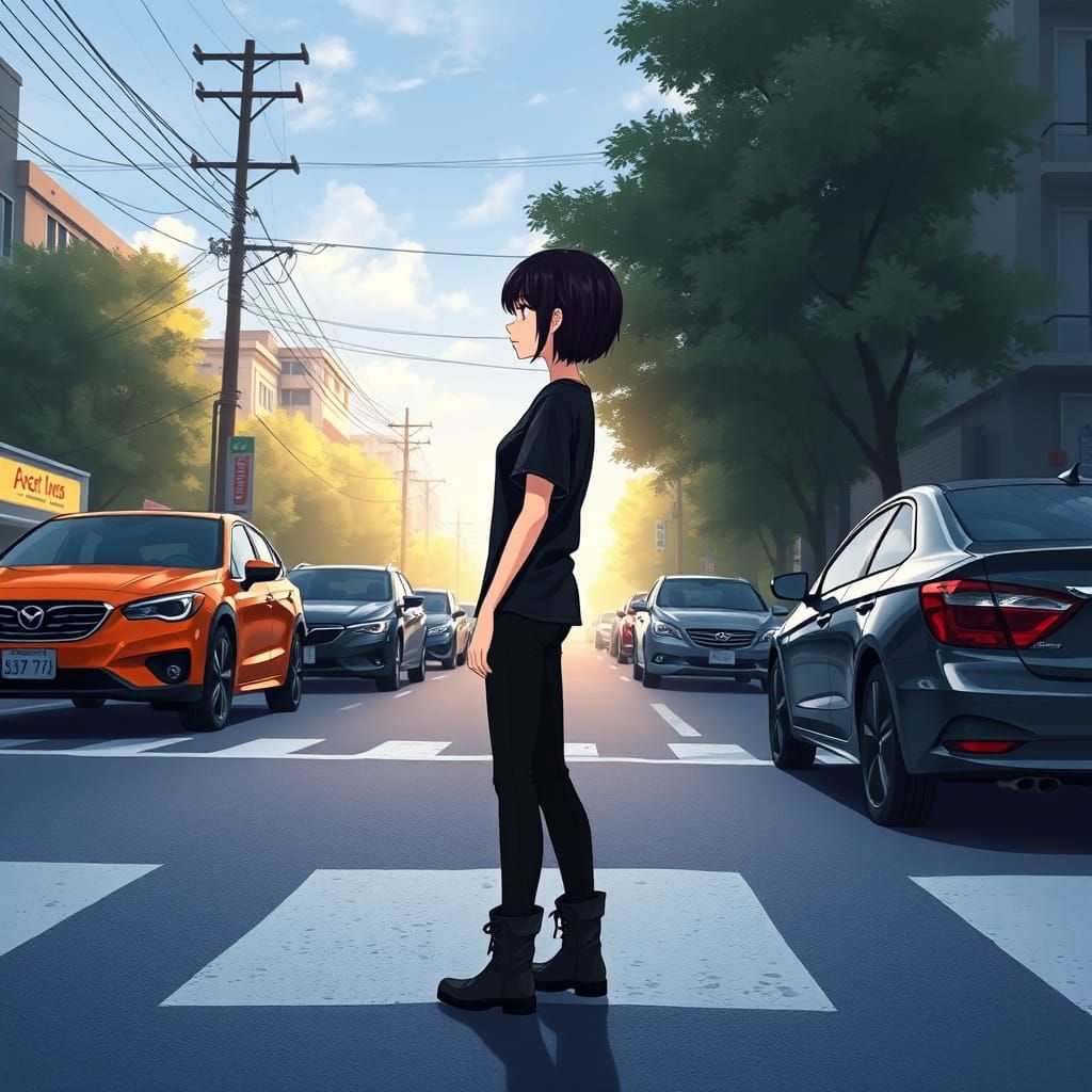 Anime Woman Crossing Street with Evil Cars