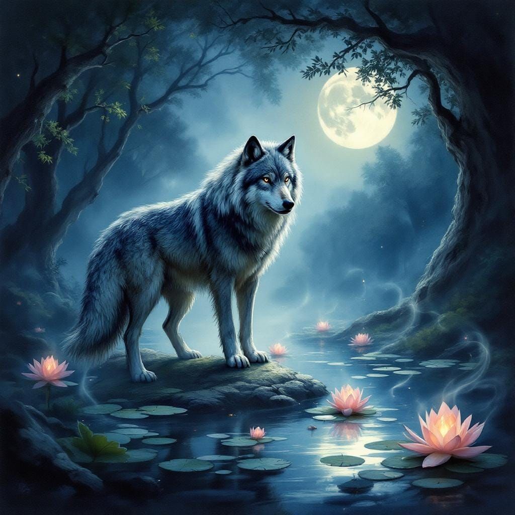 Wolf Guarding Lily Pond in Mystical Forest