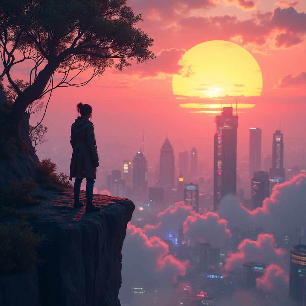 Cyberpunk Wanderer Amidst Neon Trees and Futuristic Cityscap...
