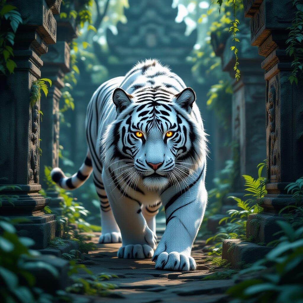 Wooly White Tiger in Ancient Temple Ruins