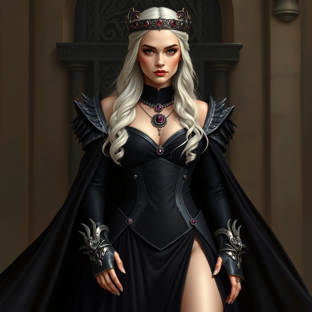 Majestic Targaryen Queen in Elegant Black Gown with Valyrian...