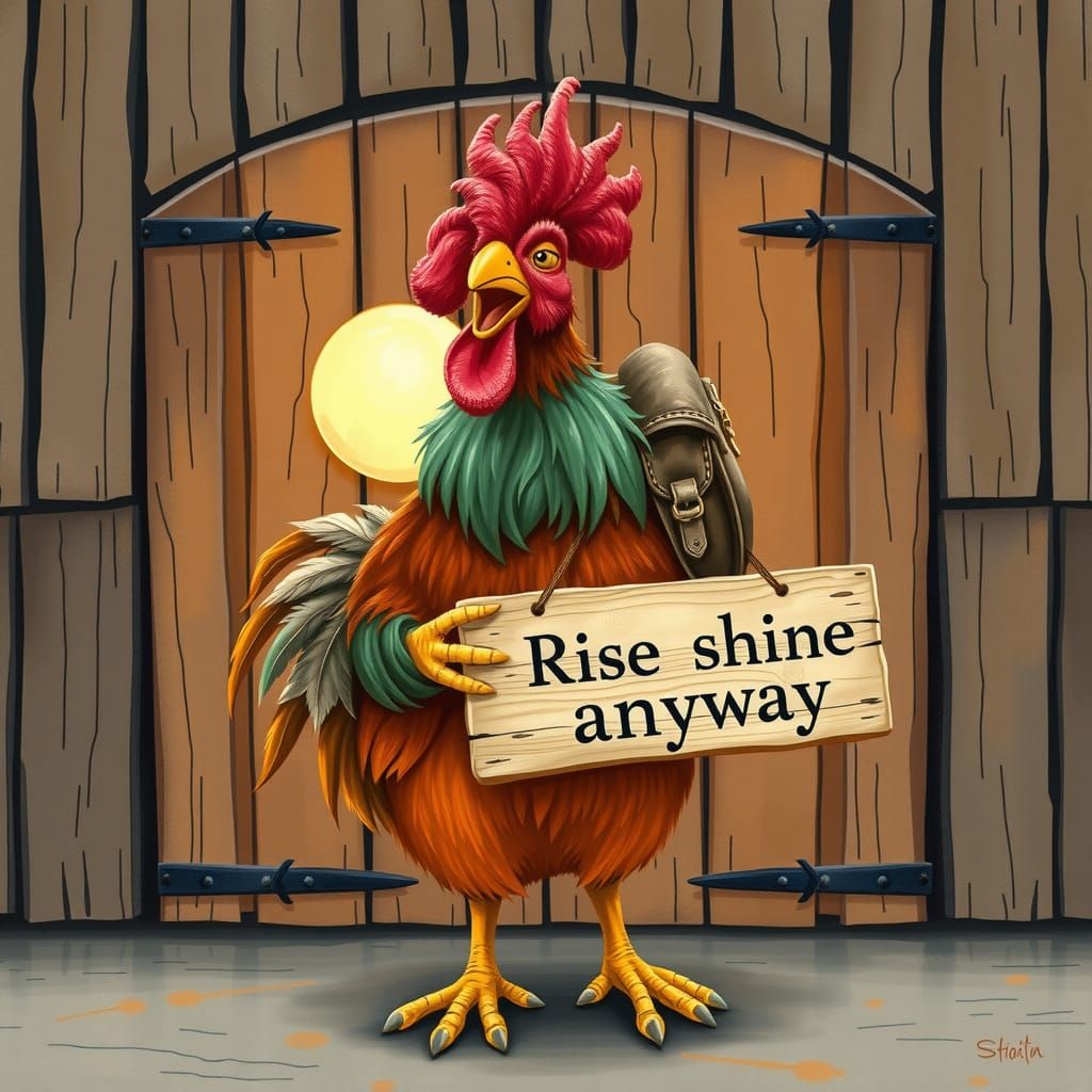 Rooster Holding Sign in Whimsical Folk Art Style