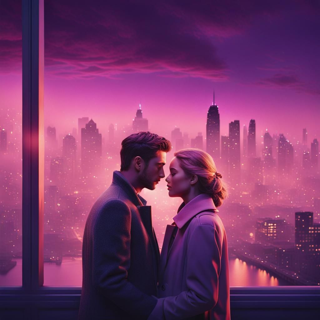 Romantic Embrace in Cityscape Twilight