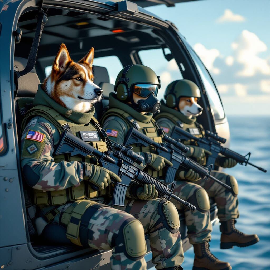 Dogs in Marine Uniforms Prepare for Combat in Helicopter
